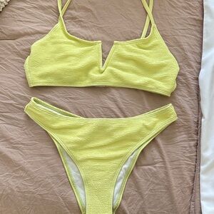 Textured Lemon Yellow V-Notch Bikini Set